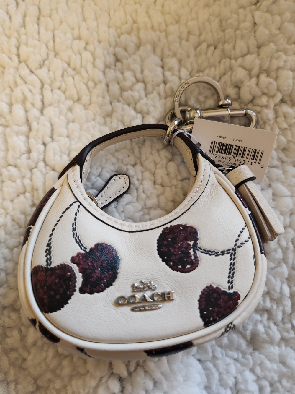 COACH White Leather Mini Hobo Bag with Cherry Print Keychain